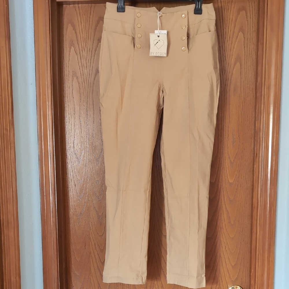 Tan High-Waisted Button Pants